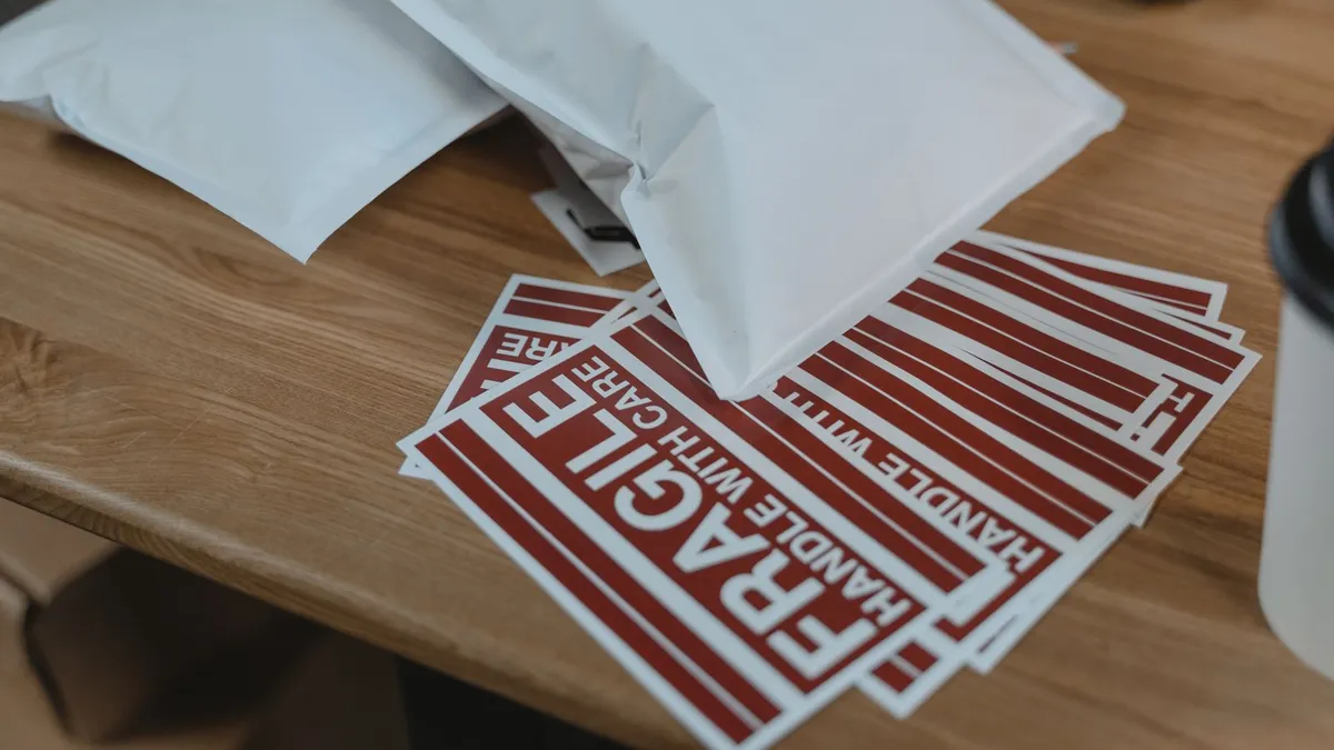 Bubble mailers and fragile stickers on a desk, the shipping supplies behind a typical CPC SCP charge